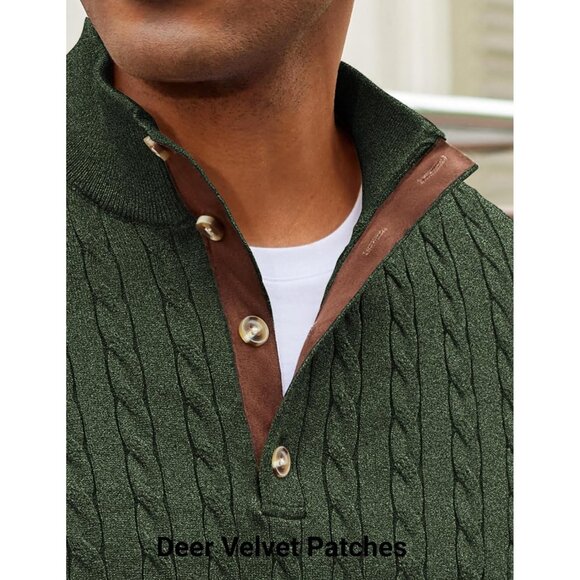 Men's Cable Knitted Pullover Sweaters Long Sleeve Stand Collar Button Up Green - Picture 4 of 6